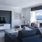 modern minimalist lounge, sea view, window